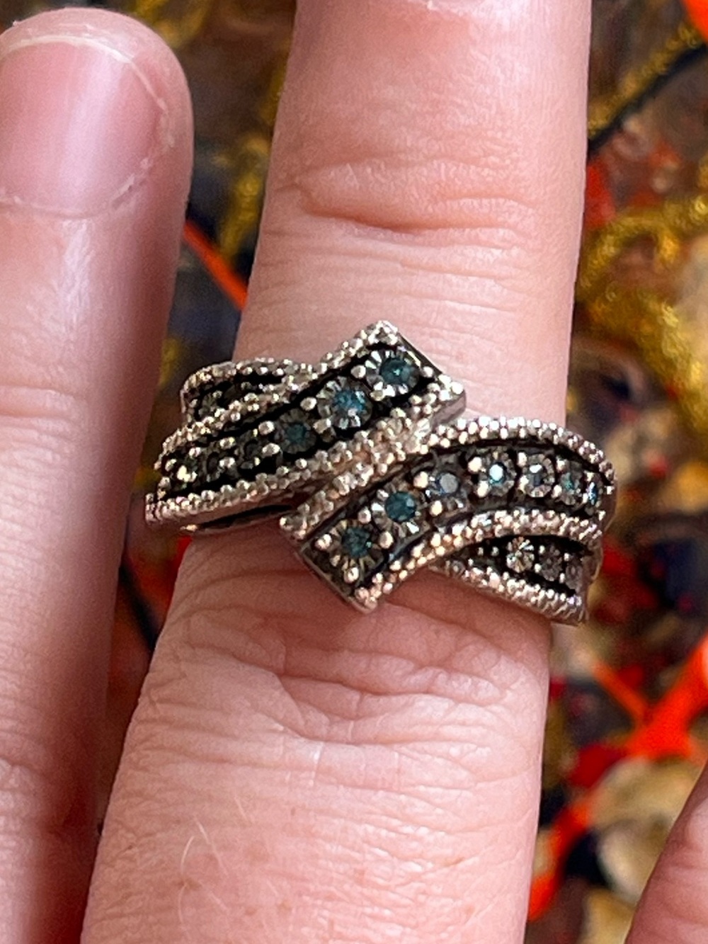 Vintage Sterling Silver 925 Genuine Blue and White Pave Diamond Ring Size 6.5